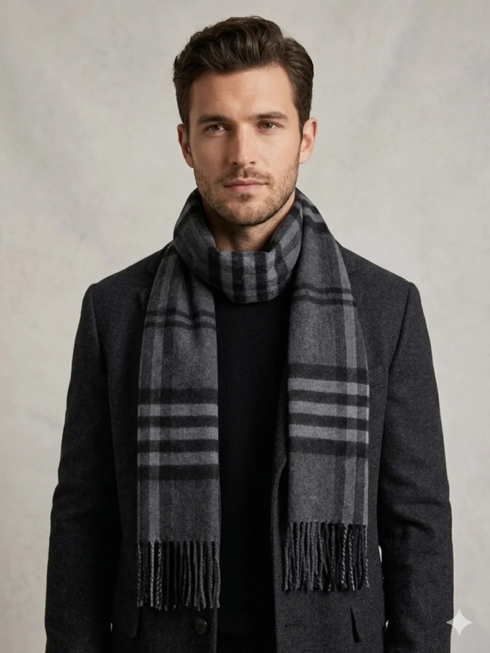 Enzo Mantovani Cashmere Wool Plaid Scarf Black Gray Luxury Soft Cozy Fringe nwt